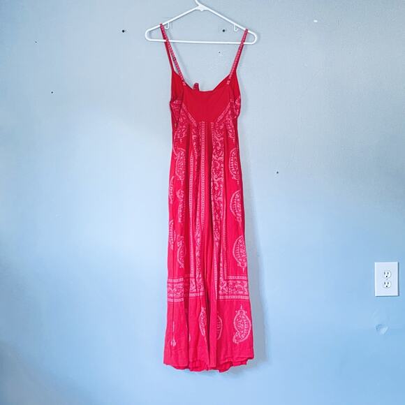 Free People Jumpsuit Size 6 Feel the Sun Red Linen Blend Wide Leg Pockets Boho - Picture 5 of 12
